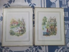 Vintage Coppia Quadri Cornice Metallo Vetro Stampe Paesaggio Casa Albero Bimbi