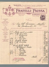 Fattura Commerciale Torino Fratelli Paissa prodotti Alimentari 1925