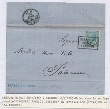 1865 ITALIA DE LA RUE 20 C SU 15 ANNULLO PIROSCAFI POSTALI ITALIANI  F/3330