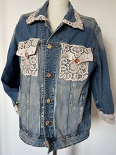 Bellissima Giacca In Jeans Da Donna Con Pizzo Gr XL Blu Assoluto Colpo D'Occhio!
