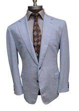 Blazer Scabal personalizzato su misura anni 130 lana blu chiaro rosa check due bottoni 46L