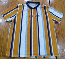 T-shirt Guess Originals a righe classica con logo ricamato blu arancione taglia large