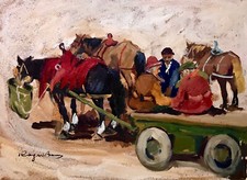 Basso Ragni La Sosta Carretto Cavalli Dipinto Olio Tavoletta  cm. 70  x 50