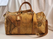 Autentica Borsa Prima Classe Alviero Martini Boston Mappa del Mondo A1 Grande Zip Marrone