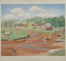 BELLEZZA! Quadro WC Stanley W. Cook New England Country Folk Art città di mare