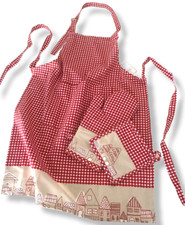 Set Grembiule Con Pettorina Guanto e Presina Casette Rosso Natale 100%Cotone