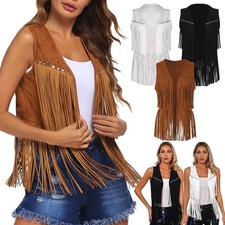 Gilet donna scamosciato smanicato frange cowboy gilet Halloween carnevale costume ·
