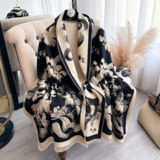 Sciarpa scialle reversibile nero e beige stampa floreale oversize lusso avvolgente per donna
