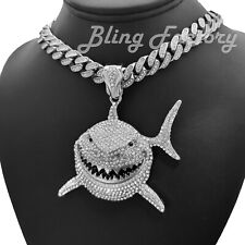 Collana catena cubana in lega placcata argento grande squalo e zirconi 16" ~ 24"