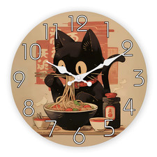 Retro Simpatico Gatto Nero Che Mangia Ramen Orologio Da Parete in Legno Soggiorn