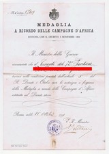 Regno 1919 - Diploma attestato medaglia a ricordo Campagne d'Africa
