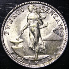 1944 D Filippine 20 centesimi moneta mondiale argento AU+