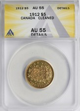 1912 Canada $5 oro ANACS AU55