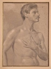 Raffaello Sorbi  DISEGNO ANTICO DRAWING OTTOCENTO AUTORITRATTO NUDO MASCHILE