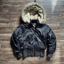 Giacca puffer vintage Y2K bambino Phat Girlz taglia media nera pelliccia sintetica con cappuccio zip