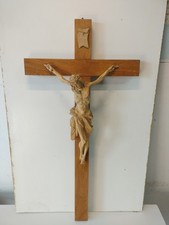 Antico Crocifisso Ligneo  CRISTO- INTAGLIATO A MANO-Su Croce In Legno-70x34,5 Cm