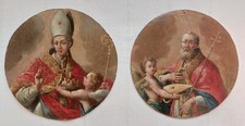 Raffinati dipinti ad olio sec. XVIII vescovi con angeli, coppia di tondi.