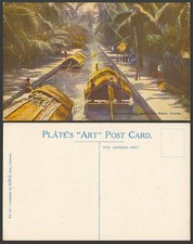 Ceylon Old Colour Postcard Dutch Canal Negombo Native Padda Boats Palm Trees 15.
