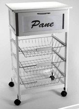 CARRELLO CUCINA LEGNO 3 CESTE PORTA FRUTTA CASSETTO RI ANTA PANE BIANCO 85*47*37