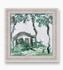 Scena di palma bungalow Bali • Dipinto Impasto originale • Interno tropicale moderno