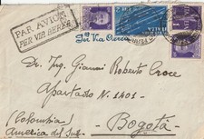 TORINO 2.7.38 AEREA 2 Lire+1 Lira+50c 50c Imperiale al verso arrivo a Bogotà