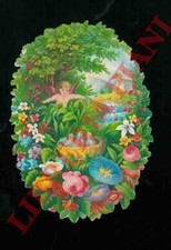 Nido di uccellini, angelo, casetta e fiori, tanti fiori.