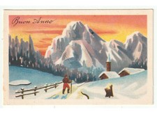 1938 tramonto paesaggio di montagna chiesa baita cartolina auguri Buon Anno