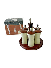 SET COMPLETO 6 MINI BARATTOLO PORTASPEZIE CON VASSOIO GIREVOLE IN LEGNO ANNI 80