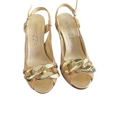 Scarpe con zeppa Apepazza Vero Cuoio Mila oro e marrone tacco 7,5 grande accento catena