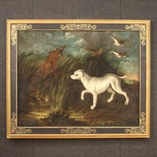 Dipinto paesaggio antico quadro francese cornice cani olio su tela XVIII secolo