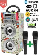 DYNASONIC E-025-2 Cassa Bluetooth portatile Karaoke 2 TWS 2 microfoni  USB e SD