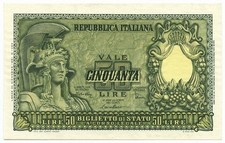 50 LIRE BIGLIETTO DI STATO ITALIA ELMATA DI CRISTINA 31/12/1951 FDS