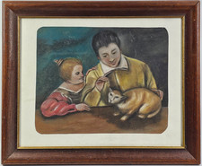 Dipinto Due Bambini con Gatto