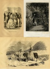 N. 3 Antiche  Stampe Vittoriane 1850 = SCENETTE = MODA FASHION VESTITI Old Print