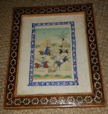 Scena di caccia cinese vintage dipinta a mano su acrilico con cornice 