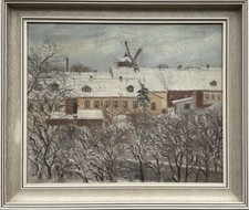Quadro a Olio Impressionista Paesaggio Invernale Case Mulino a Vento Alberi Neve