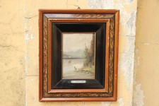 ANTICO QUADRO DIPINTO MINIATO OLIO SU CARTONE F. MANCINI VEDUTA LAGO DI COMO