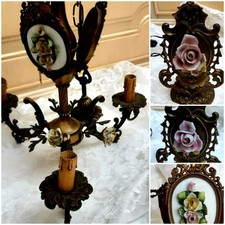 Lampadario Antico Con 2 Abat Jour Abbinate Ottone Porcellana Biscuit