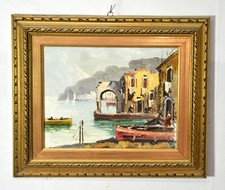 Dipinto Olio su Tela – Veduta Marina con Case e Barche – Firmato, Anni ’50