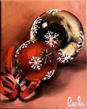 Quadro Di Due Gingle Bells,Dipinto Natalizio,Olio Su Tela 20x25cm,Carla Gagliano