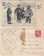 AUGURALI - BUON ANNO - BAMBINI - SLITTA - NEVE - VIAGG. 1940 -31839-