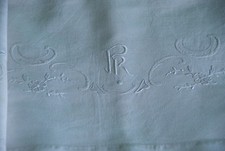 Lenzuolo matrimoniale • Ricamato a mano • Lino • Monogramma PR •Vintage