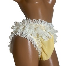 Mutandine uomo vintage semi trasparenti morbide in chiffon e pizzo con volant sul davanti taglio slip Sissy.