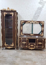 PARETE ATTREZZATA VETRINA + MOBILE TV + CORNICE TV IN LEGNO NOCE E FOGLIA ORO