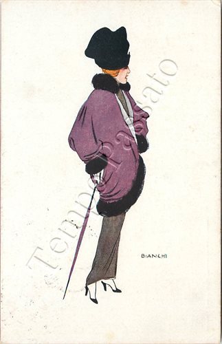 Donna con cappotto viola - , e