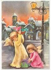 Non Viaggiata cartolina natalizia vintage angeli pacchi regali di Natale