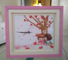 Quadro Punto Croce con Orologio Cameretta Bambini Cornice Rosa Baby Cuori Bimbi