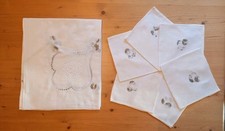 TOVAGLIA RICAMATA rettangolare bianca con INTARSI e 6 TOVAGLIOLI~difetti~vintage