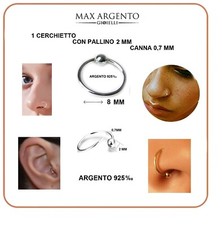 1 Orecchino 8 mm Piercing Cerchio Naso Pallina Cartilagine Trago Argento 925 