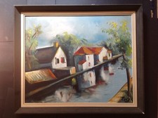 Dipinto olio vintage - paesaggio rurale - case - giapponese - taky - canale 